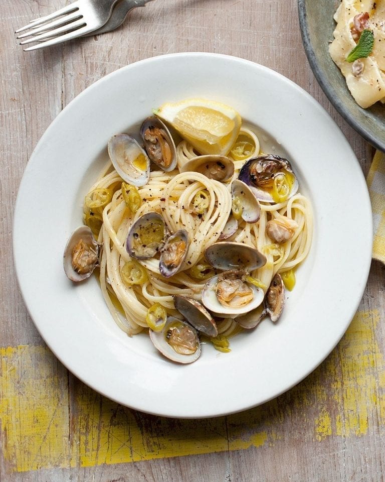 Linguine with clams, sherry, and pickled peppers