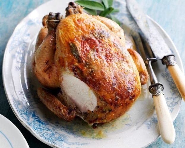 Roast chicken with sausage, chard and parmesan stuffing
