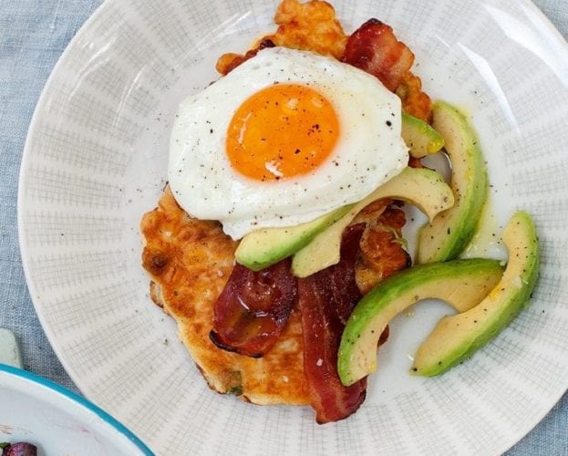 Sweetcorn fritters with bacon, avocado and fried eggs