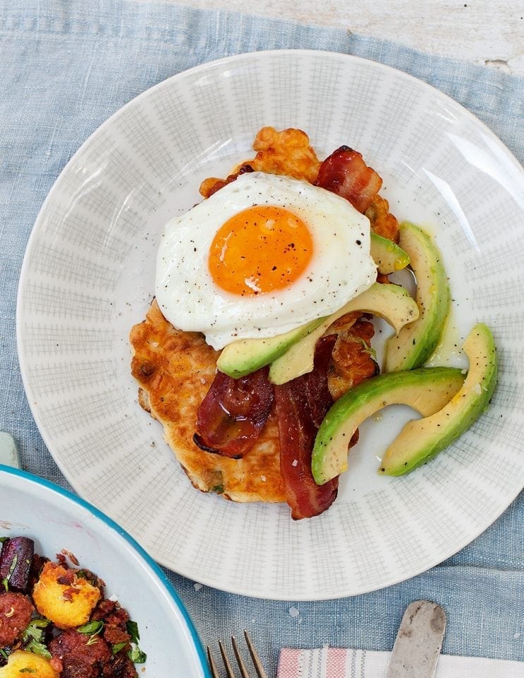 Sweetcorn fritters with bacon, avocado and fried eggs