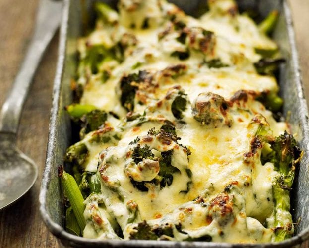 Purple sprouting broccoli gratin