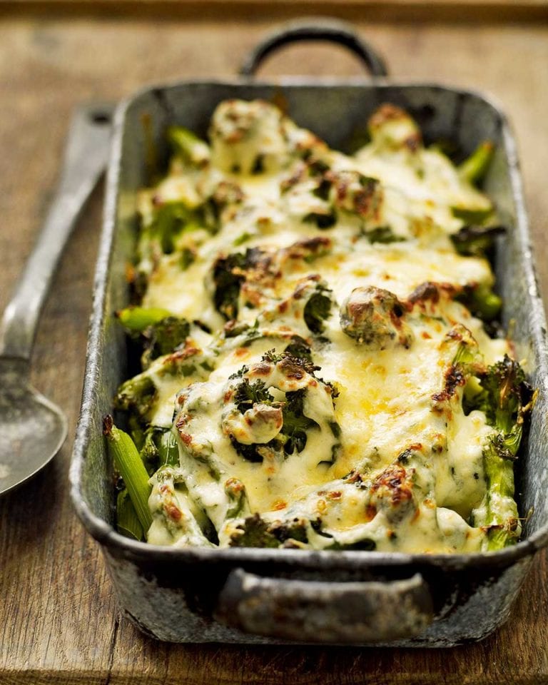 Purple sprouting broccoli gratin