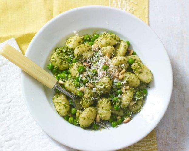 Spaghetti with kale and brussels sprout pesto