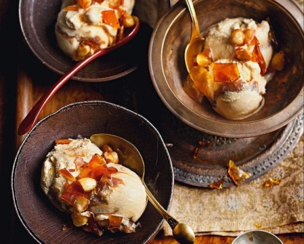 Plum ripple ice cream with walnuts