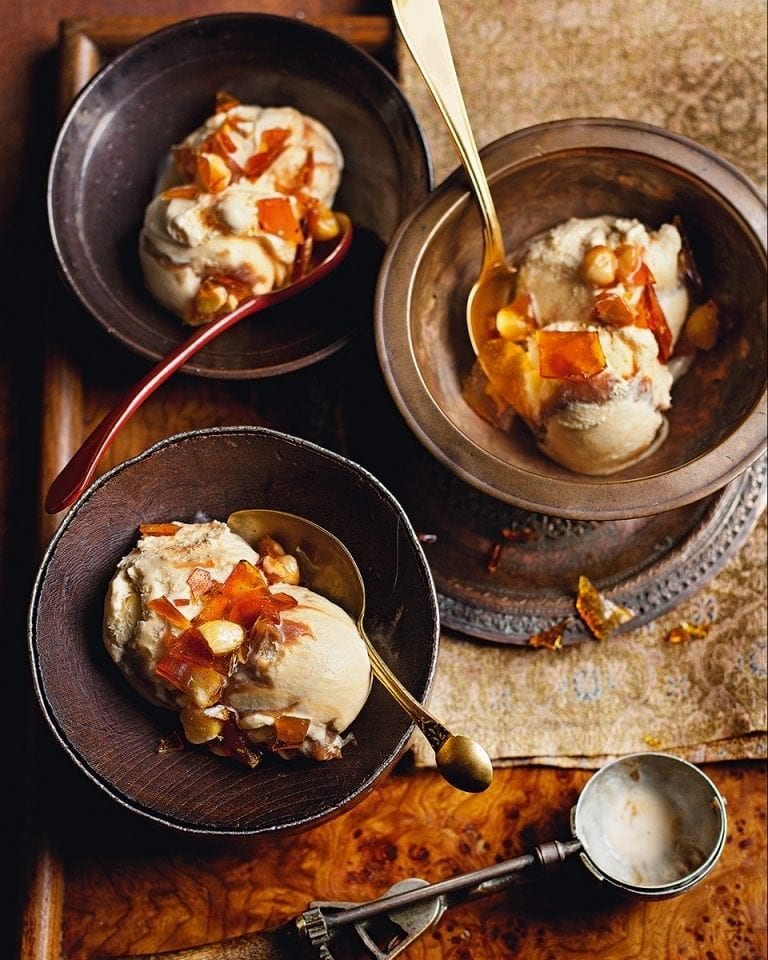 Rum caramel ripple ice cream with almond and macadamia brittle