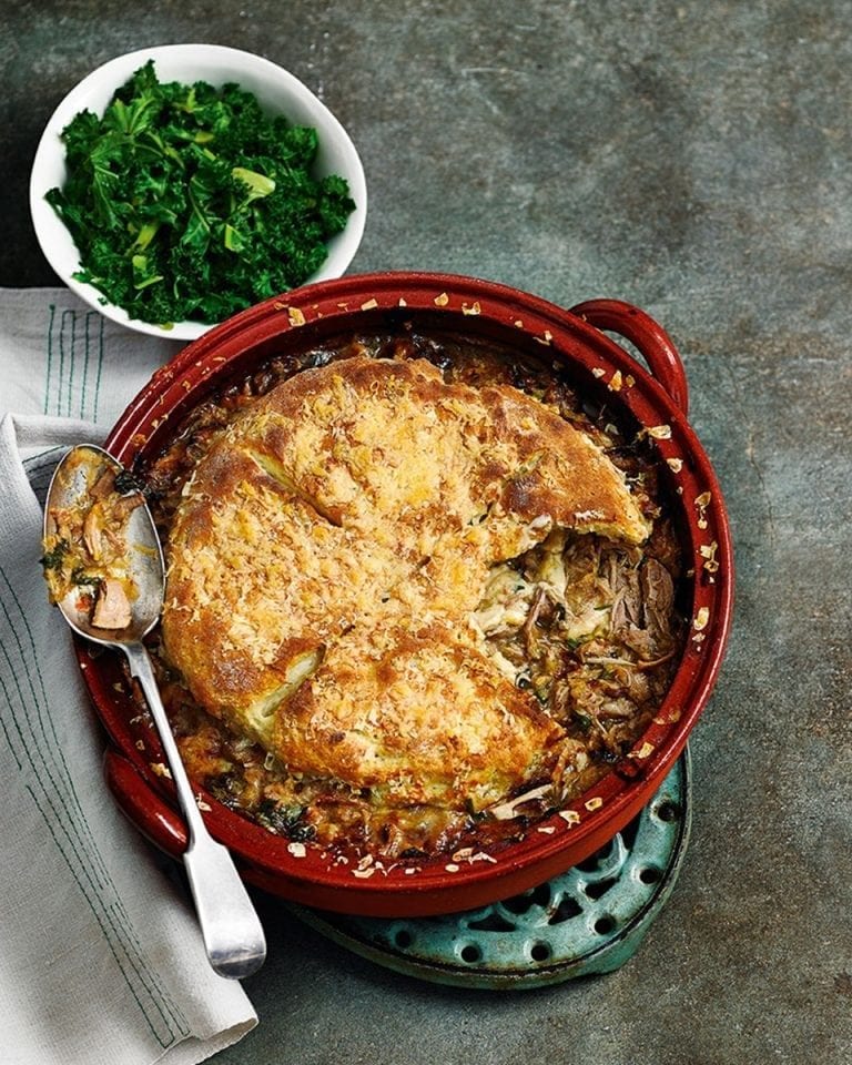 Pork, leek and cider cobbler