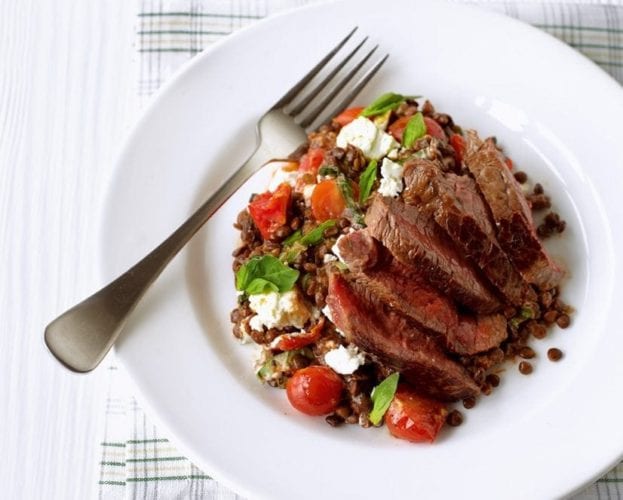Seared steak with sun-dried tomato and basil puy lentils
