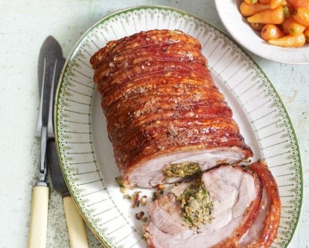 Crackling pork loin with apricot, sherry and hazelnut stuffing