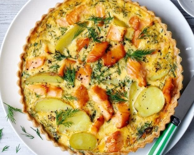 Hot-smoked salmon, horseradish and dill tart