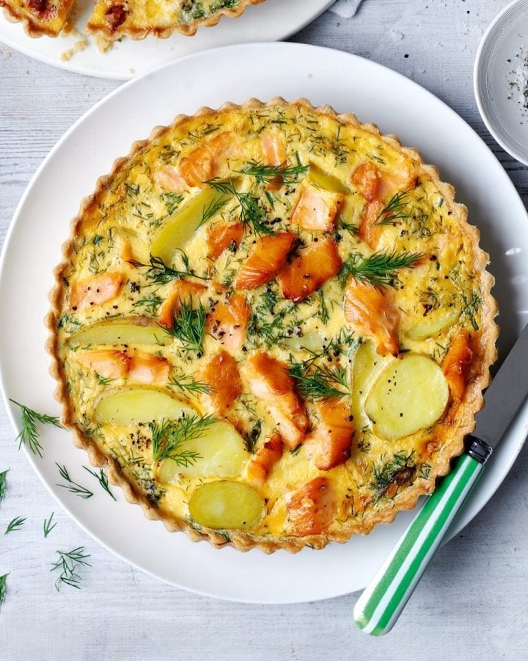 Hot-smoked salmon, horseradish and dill tart