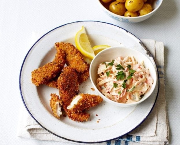 Parmesan chicken goujons with thyme tomatoes