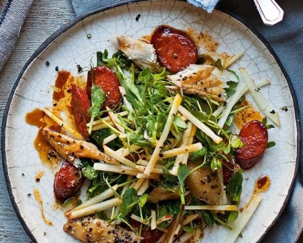Warm smoked mackerel, apple and chorizo salad