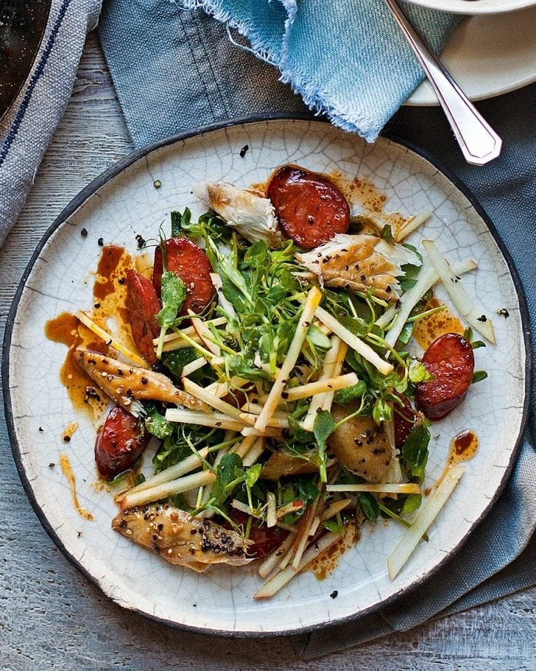 Warm smoked mackerel, apple and chorizo salad