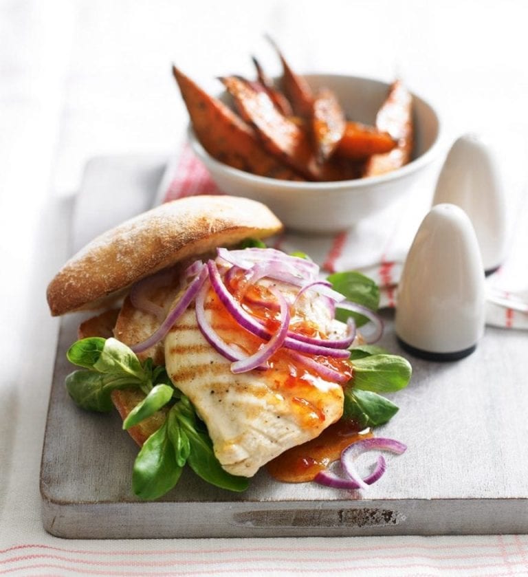 Quick chicken burger with sweet potato wedges