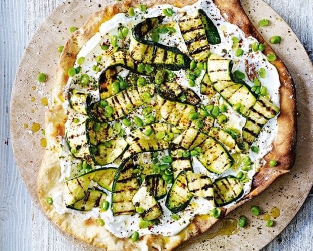 Pizza with broad beans and courgettes