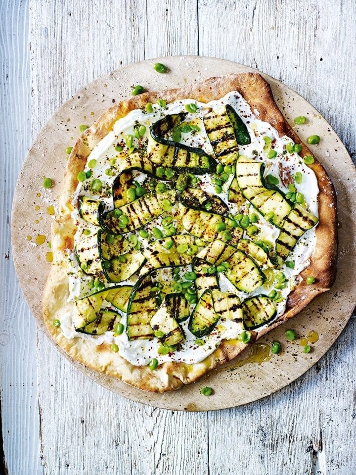 Pizza with broad beans and courgettes