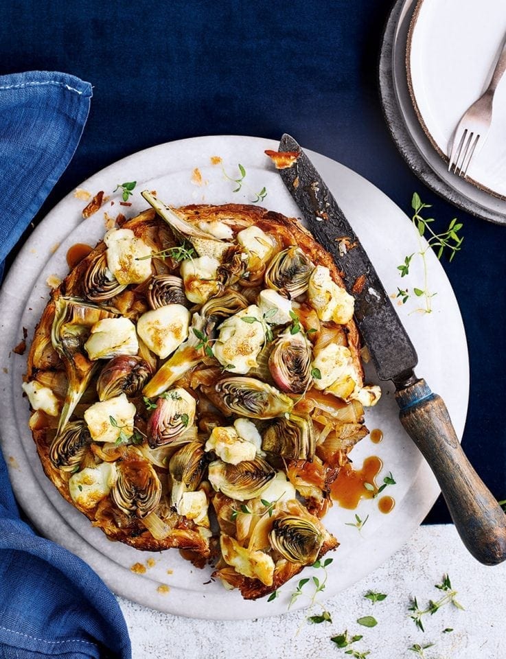 Artichoke, melted onion and brie tart