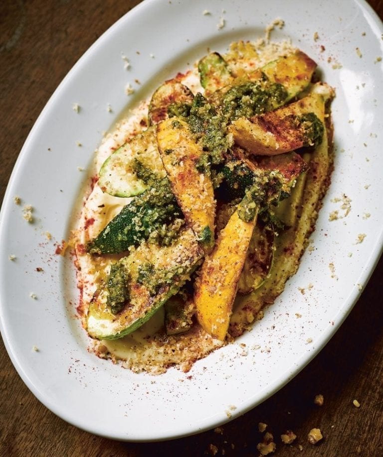 Grilled courgettes with parsnip purée and rocket pesto