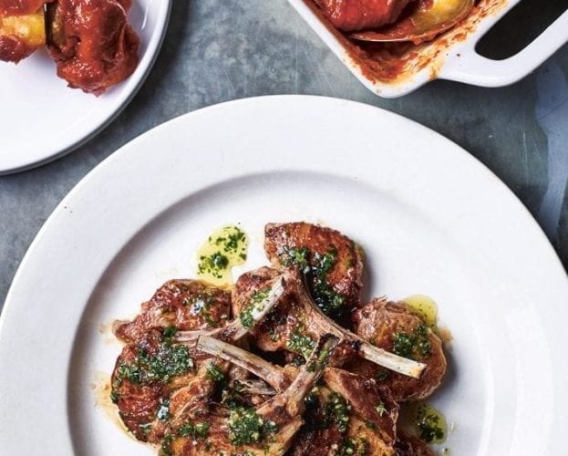 Herb-crusted rack of lamb with beans, artichokes and garlic