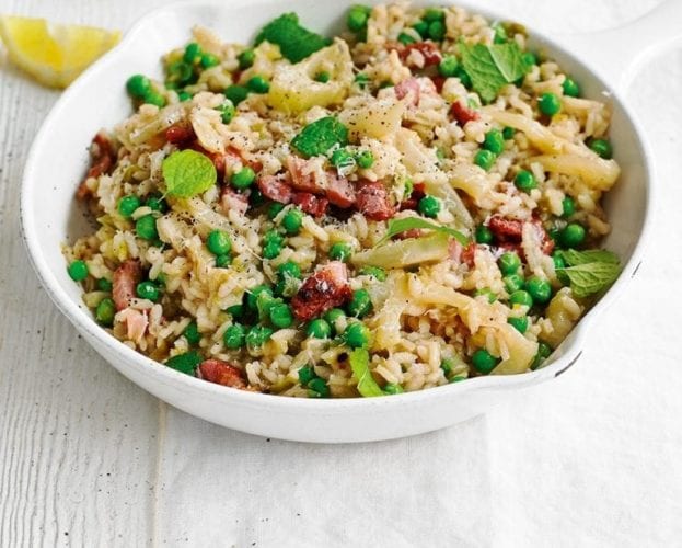 Fennel pea and bacon risotto