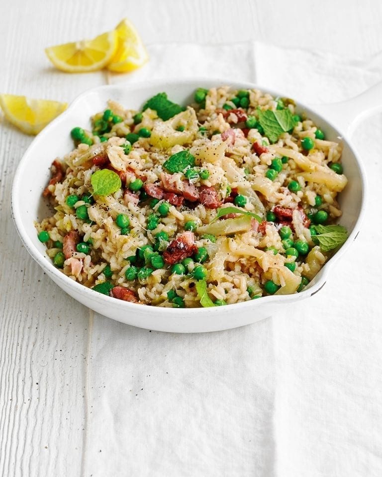 Fennel, pea and bacon risotto