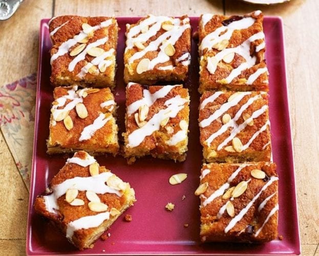 Plum sponge cake drizzled with icing