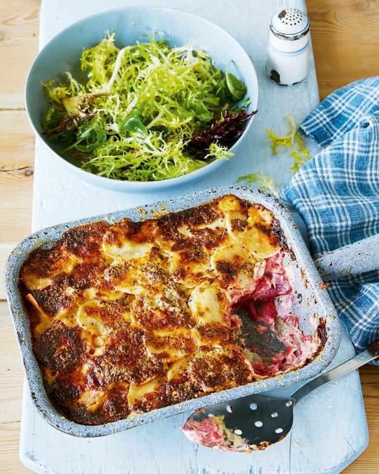 Celeriac, potato and beetroot gratin