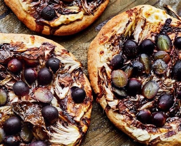 Roast grape, balsamic and radicchio spelt pizzas