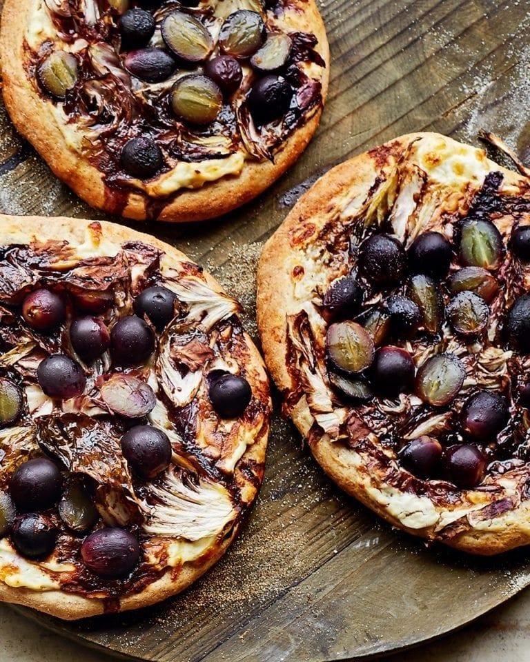 Roast grape, balsamic and radicchio spelt pizzas