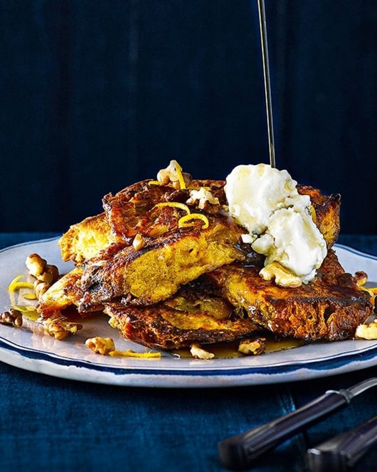 Panettone french toast with maple syrup, mascarpone and walnuts