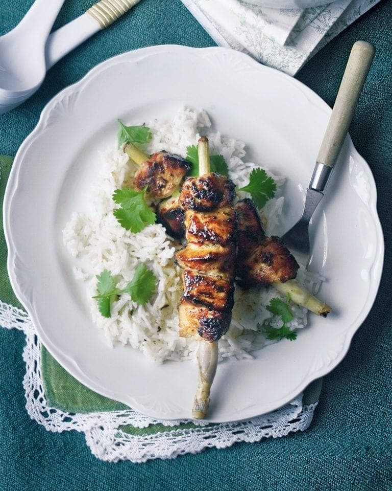 Coconut rice and Thai chicken skewers