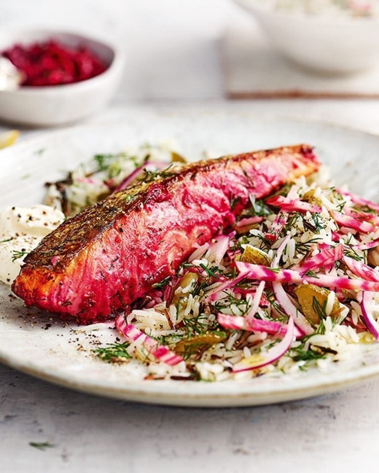 Beetroot-marinated salmon with dill pickled rice salad