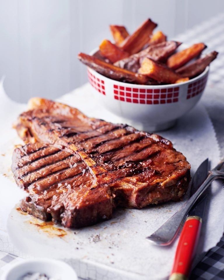 All-American T-bone steak with sweet potato chips - delicious. magazine