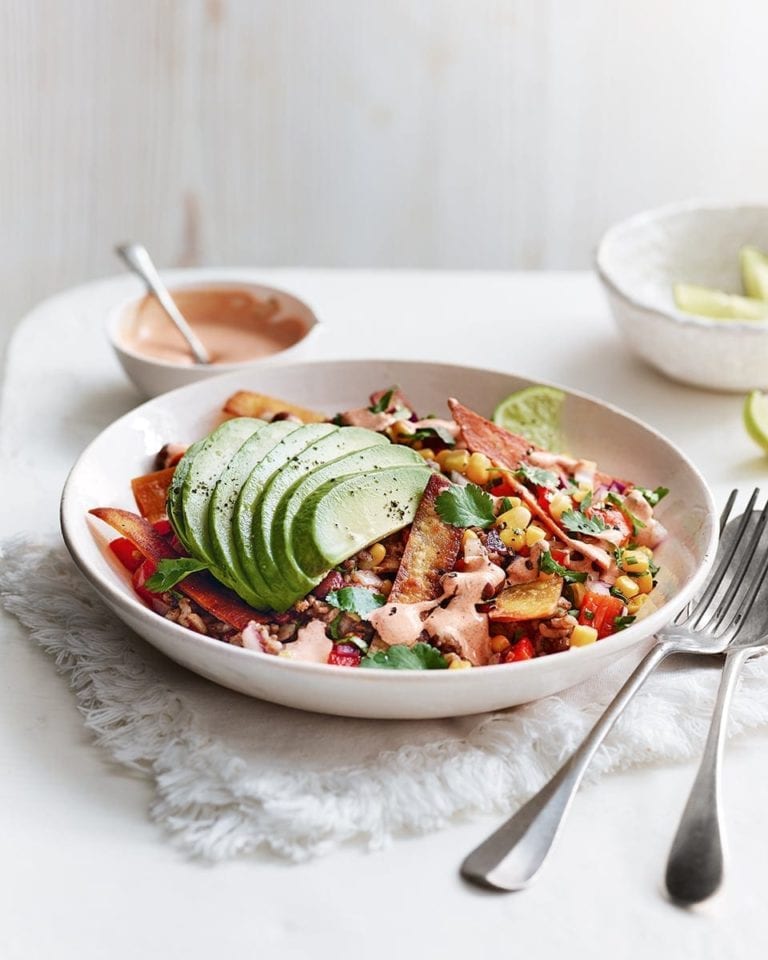 Crispy Mexican tortilla rice bowl