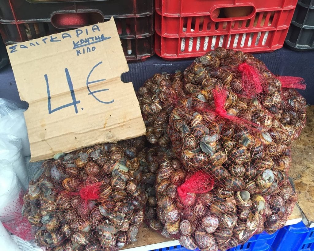 Bags of snails at a market in Crete