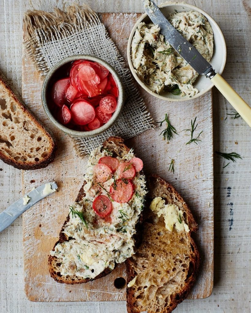 Image of toasted bread, mackerel pate and pickled radishes