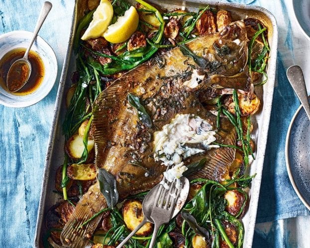 Whole roast plaice with anchovy and sage butter, new potatoes and sea vegetables