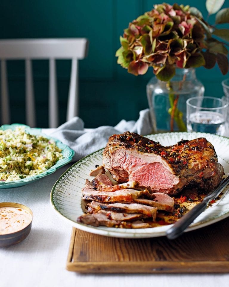 Butterflied marinated leg of lamb with couscous salad and harissa yogurt