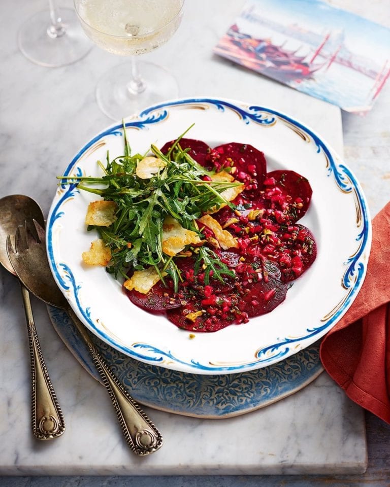 Shallot and dill marinated beetroot carpaccio with crispy halloumi