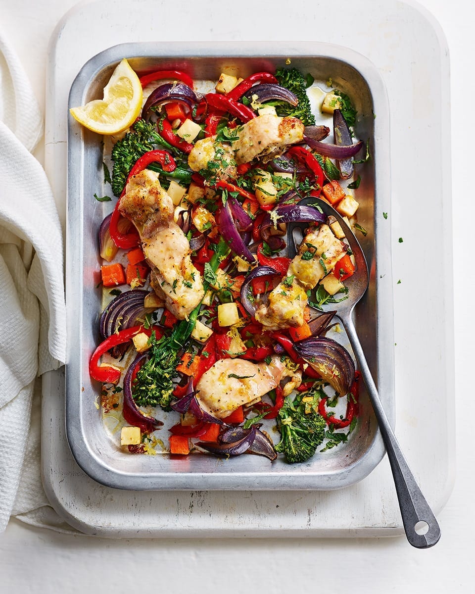 Chicken and vegetable traybake recipe | delicious. magazine