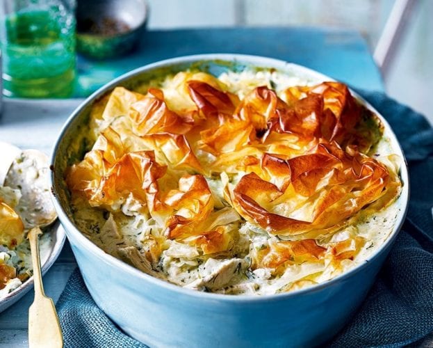Chicken, artichoke and spinach filo pie