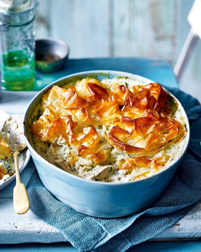 Chicken, artichoke and spinach filo topped pie