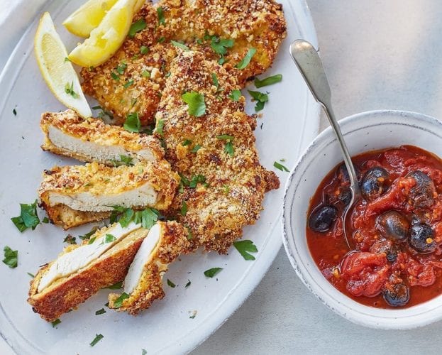 Chicken schnitzels with quick puttanesca sauce