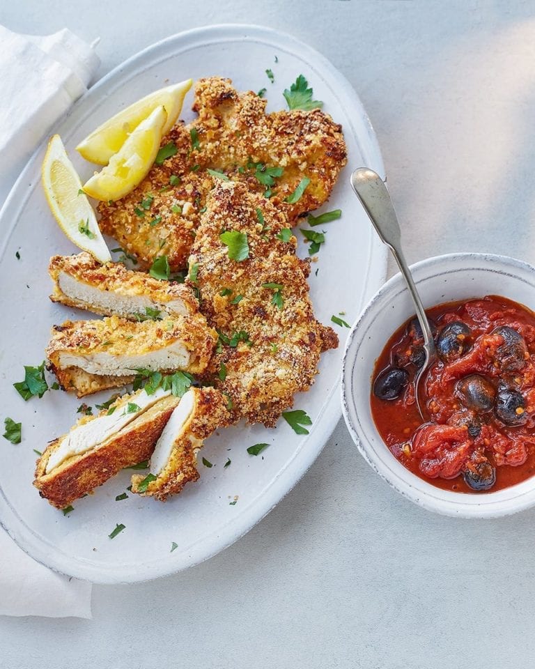 Lemon and garlic chicken schnitzels with quick puttanesca sauce