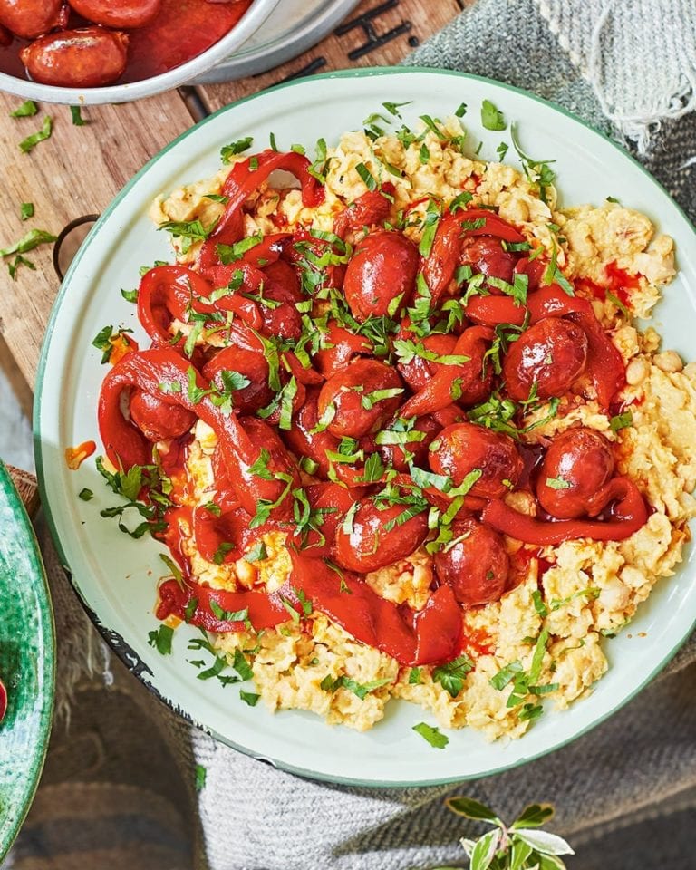 Sherry braised chorizo sausages with smashed lemon & garlic chickpeas