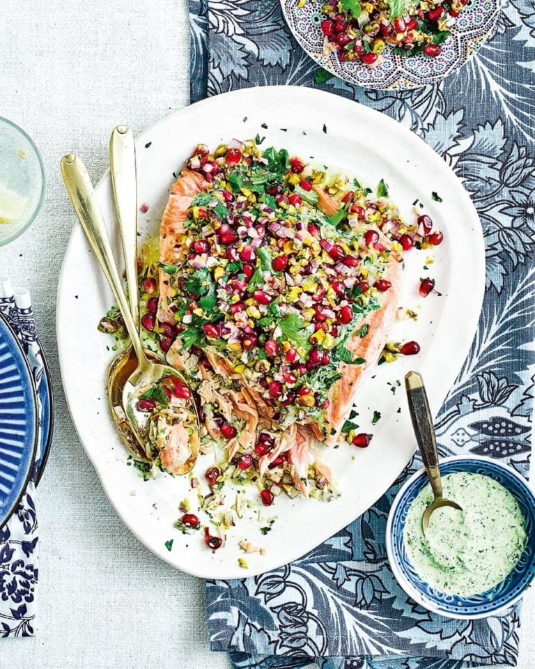 Confit salmon with mint and coriander chutney and pomegranate and pistachio chaat