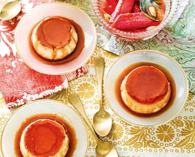 Saffron and orange blossom crème caramels with cardamom and orange rhubarb