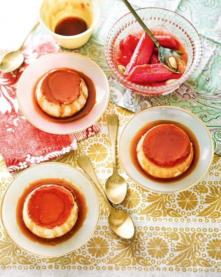 Saffron and orange blossom crème caramels with cardamom and orange rhubarb