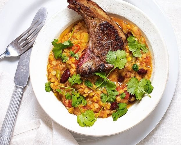 Lentil and kidney bean dhal with fried lamb chops