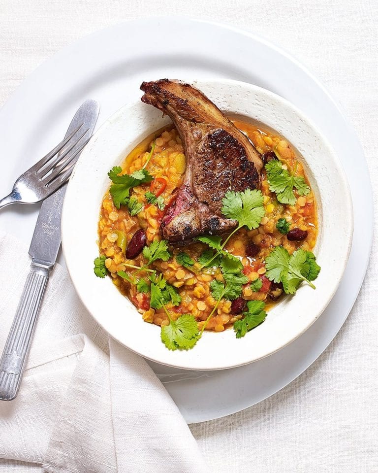 Lentil and kidney bean dhal with fried lamb chops
